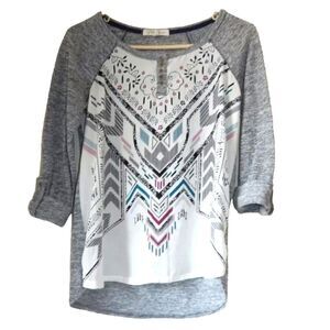 REWIND women's junior's small heather gray tribal rolled sleeve shirt blouse